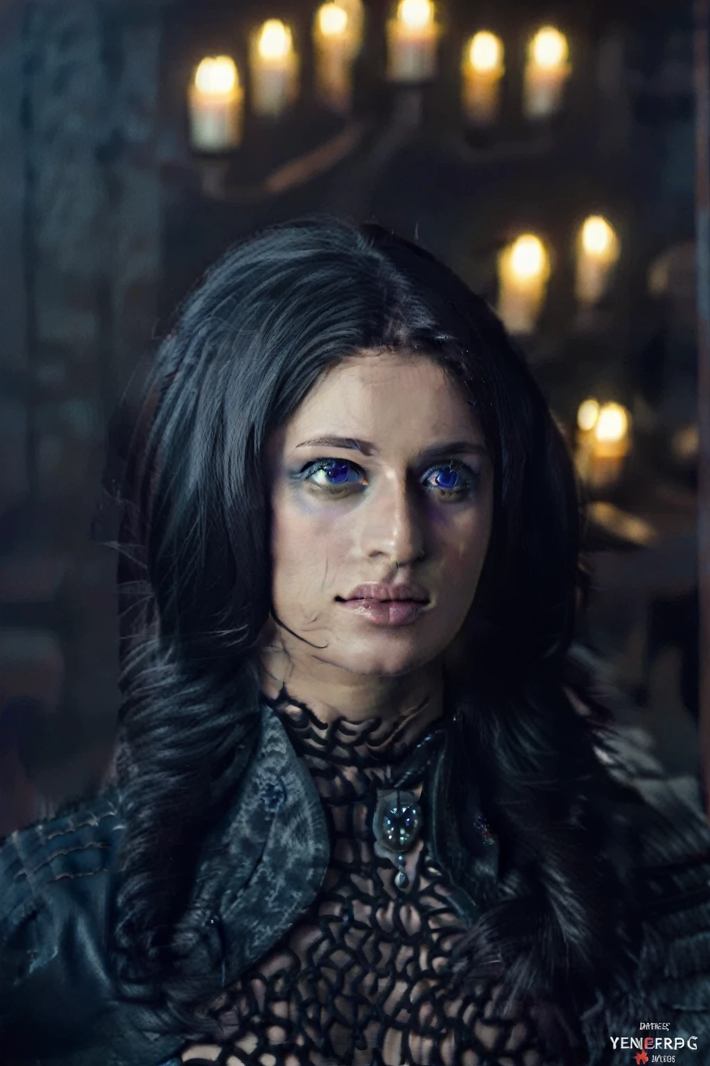 masterpiece, yennefer of vengerberg standing for an portrait, violet eyes