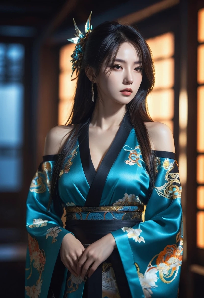 best quality, masterpiece, Ultra-high resolution, (Realistic:1.5), original photo, 1 girl,versace Off-shoulder Kimono Mecha Paladin Future Armor, in the darkness, Deep shadows, Low profile, Cold Light, sexy look, long hair,Mix Girl,Yinglaite, Half-length photo,NSFW, warm lights, dramatic light, (intricate details:1.1), complex background, (rutkowski:0.66), (teal and orange:0.4)