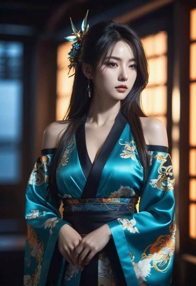 best quality, masterpiece, Ultra-high resolution, (Realistic:1.5), original photo, 1 girl,versace Off-shoulder Kimono Mecha Paladin Future Armor, in the darkness, Deep shadows, Low profile, Cold Light, sexy look, long hair,Mix Girl,Yinglaite, Half-length photo,NSFW, warm lights, dramatic light, (intricate details:1.1), complex background, (rutkowski:0.66), (teal and orange:0.4)