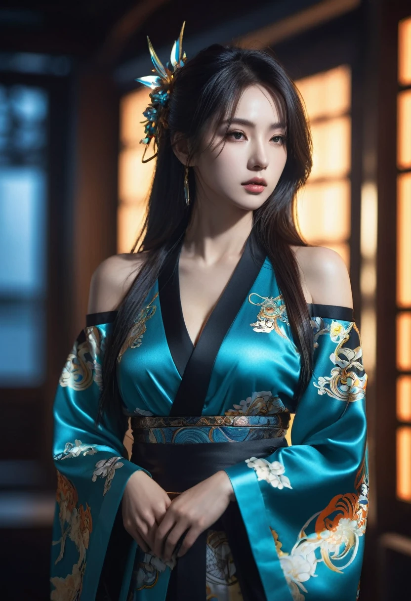 best quality, masterpiece, Ultra-high resolution, (Realistic:1.5), original photo, 1 girl,versace Off-shoulder Kimono Mecha Paladin Future Armor, in the darkness, Deep shadows, Low profile, Cold Light, sexy look, long hair,Mix Girl,Yinglaite, Half-length photo,NSFW, warm lights, dramatic light, (intricate details:1.1), complex background, (rutkowski:0.66), (teal and orange:0.4)