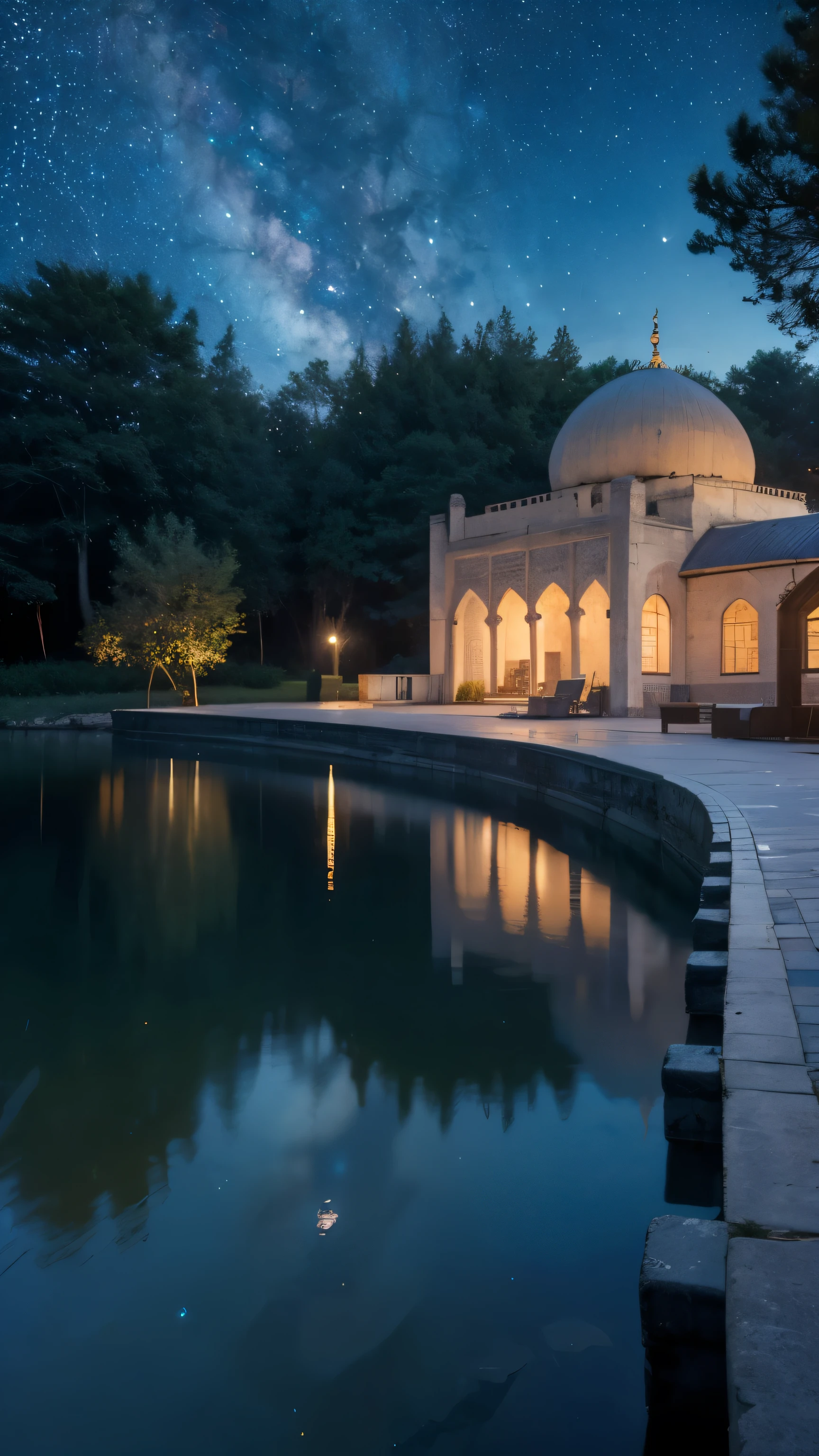 mosque, beautiful, exterior, trees, (((sexy girl))), river, night, (((stars in sky)))