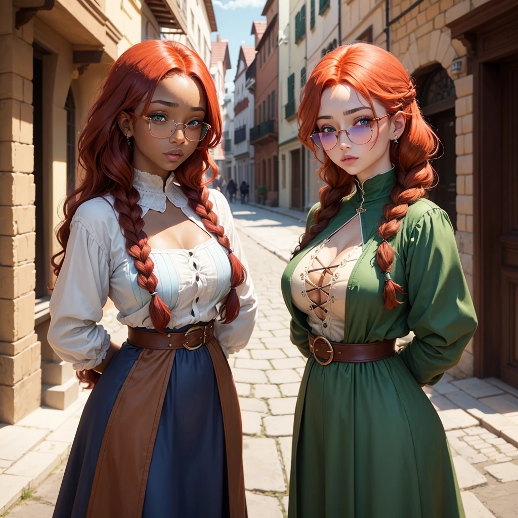 One with red hair tied in a voluminous one-sided braid with brown skin with vitiligo green eyes thin wearing a medieval outfit in shades of blue and brown, without glasses 