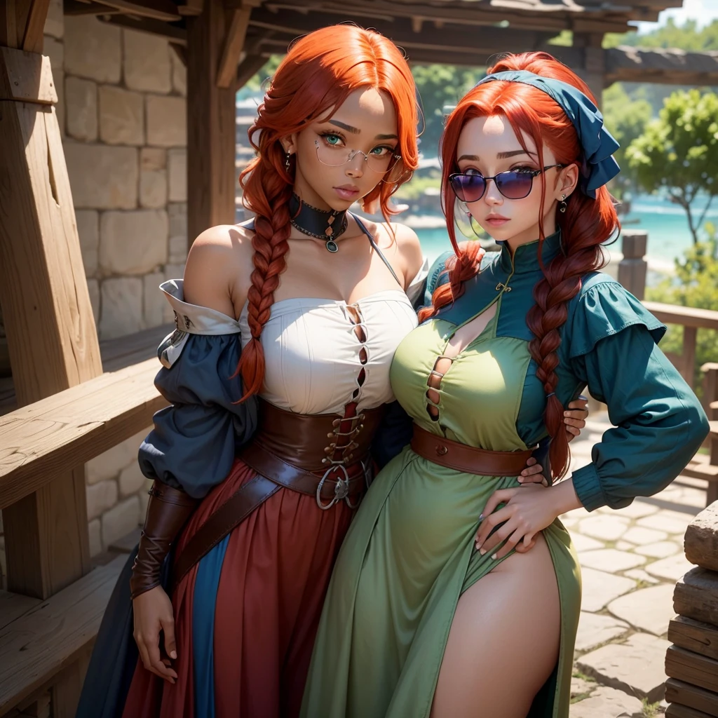 One with red hair tied in a voluminous one-sided braid with brown skin with vitiligo green eyes thin wearing a medieval outfit in shades of blue and brown, without glasses