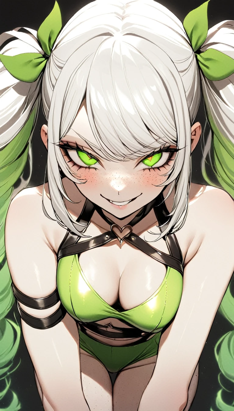 1 Girl, Green Goth Outfit, Green Jewelry, Green Threads, Green Ribbons, Medium Breasts, Green Eyes, Heart Eyes, Platinum White Hair, Twin Tail Hair Style, Pale White Skin, Smooth Skin, Face Freckles, Leather Straps on Thighs, Nice Cleavage, Slutty, Sexy, Sassy, Smirking, Tease, Teasing, Close Up, Upper Body Shot, Teasing, Sexy Pose