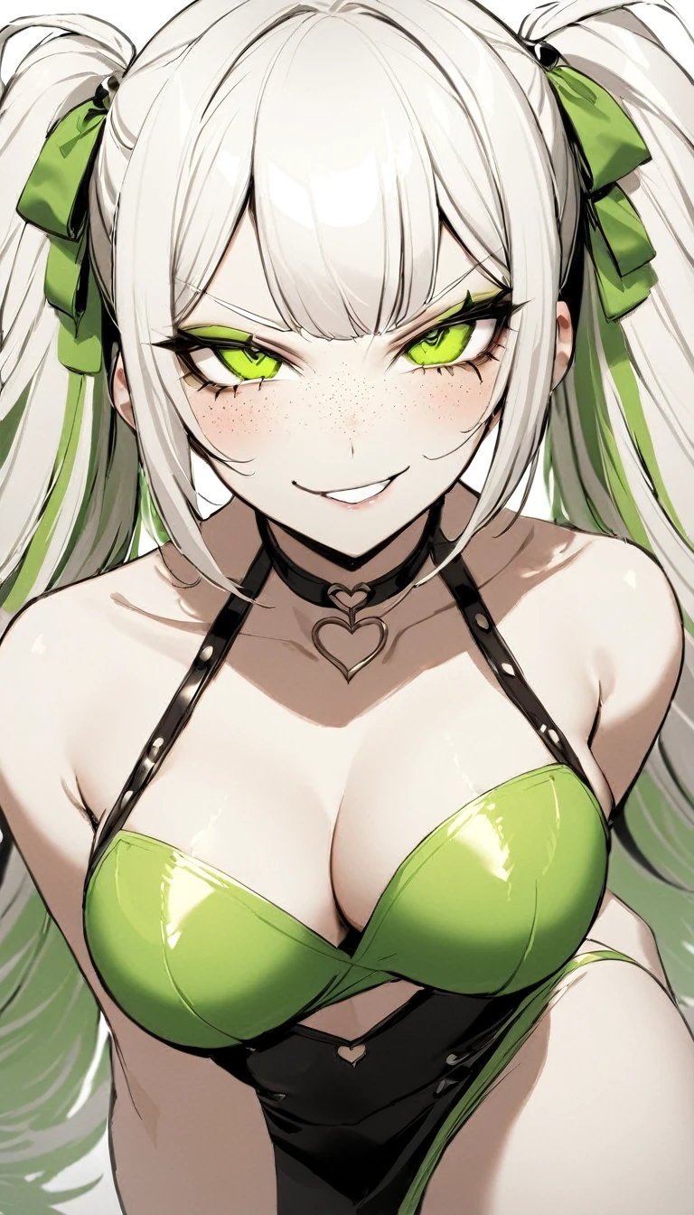 1 Girl, Green Goth Outfit, Green Jewelry, Green Threads, Green Ribbons, Medium Breasts, Green Eyes, Heart Eyes, Platinum White Hair, Twin Tail Hair Style, Pale White Skin, Smooth Skin, Face Freckles, Leather Straps on Thighs, Nice Cleavage, Slutty, Sexy, Sassy, Smirking, Tease, Teasing, Close Up, Upper Body Shot, Teasing, Sexy Pose