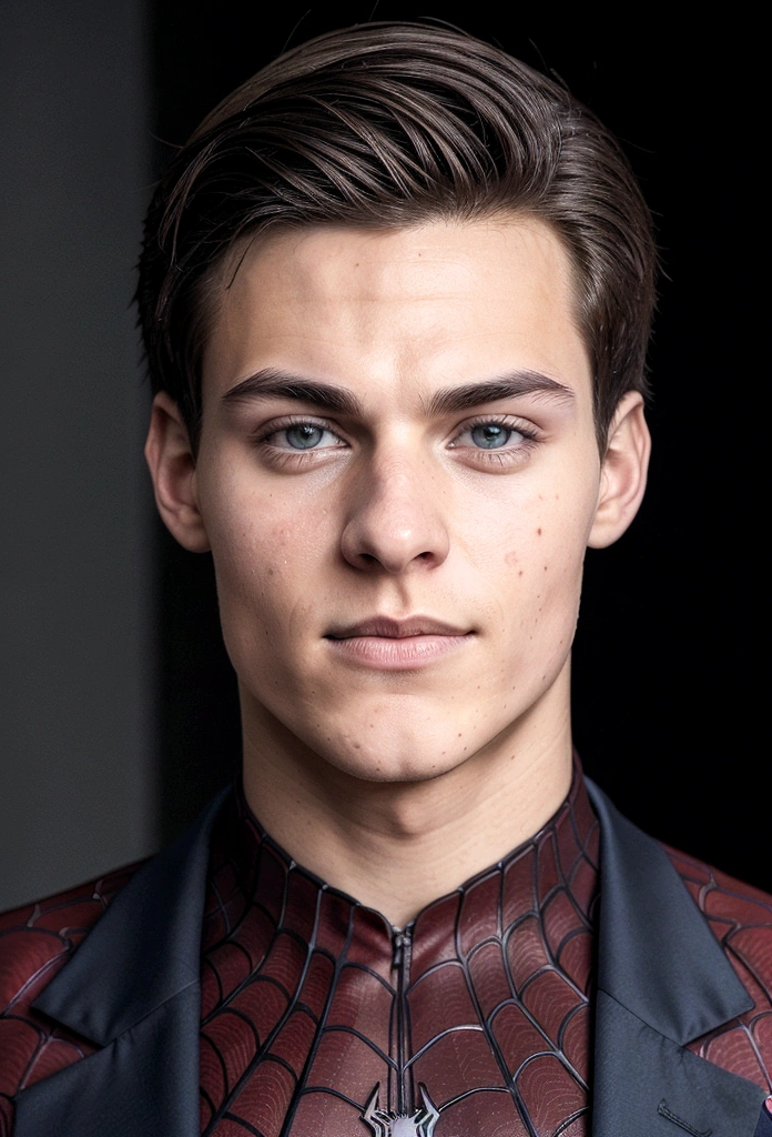 attractive 20 year old man, spider man suit, without mask, thousands of morals,  , executive sexy man, Suit then, Front camera focus, portrait mode, perfectly straight in front of the camera