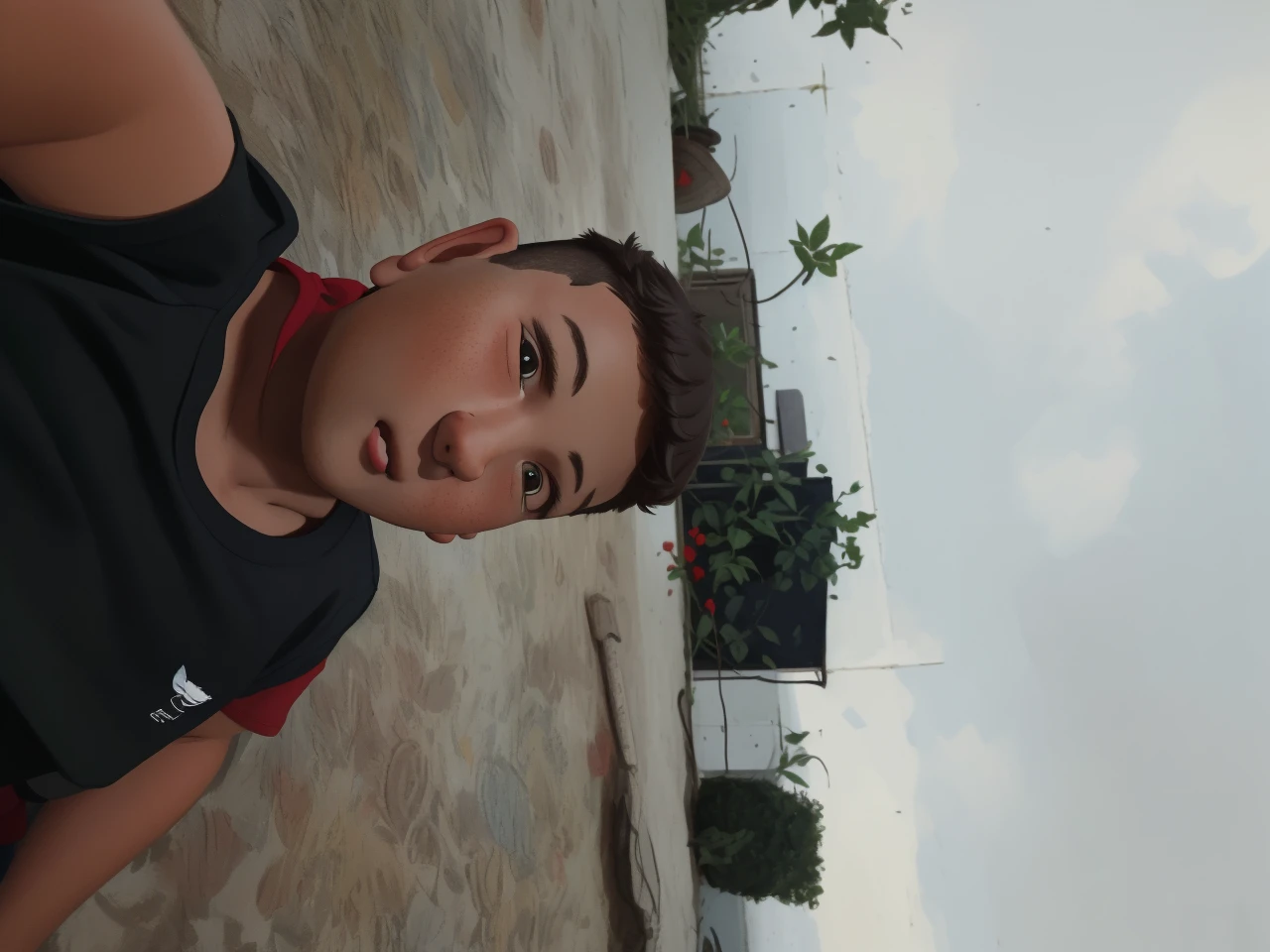 Realistic portrait of a seven-year-old boy, He wears a red shirt . His face is childish and exploratory . He goes out cautiously into the garden of the house, A small cat is among the bushes and he touches it cautiously ,Not facing the camera,, Hair is untidy ,