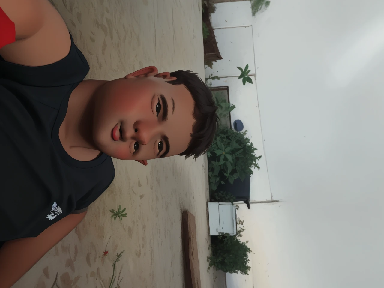 Realistic portrait of a seven-year-old boy, He wears a red shirt . His face is childish and exploratory . He goes out cautiously into the garden of the house, A small cat is among the bushes and he touches it cautiously ,Not facing the camera,, Hair is untidy ,