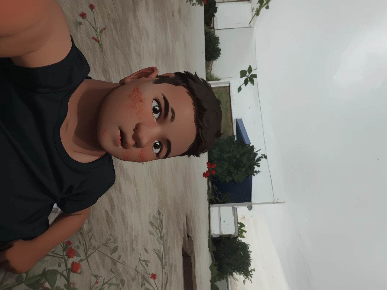 Realistic portrait of a seven-year-old boy, He wears a red shirt . His face is childish and exploratory . He goes out cautiously into the garden of the house, A small cat is among the bushes and he touches it cautiously ,Not facing the camera,, Hair is untidy ,