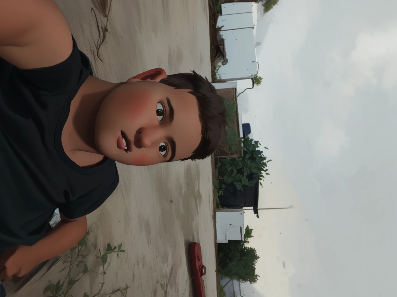 Realistic portrait of a seven-year-old boy, He wears a red shirt . His face is childish and exploratory . He goes out cautiously into the garden of the house, A small cat is among the bushes and he touches it cautiously ,Not facing the camera,, Hair is untidy ,