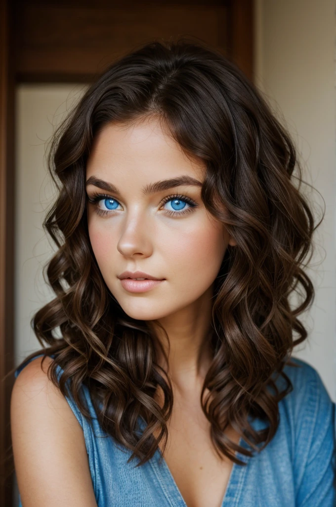 Girl with curly dark brown hair and blue eyes