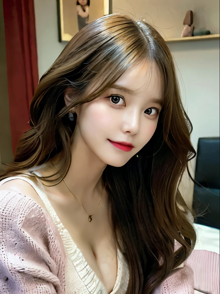 best qualtiy，tmasterpiece，超A high resolution，（realisticlying：1.4），
1girll long curly hair，Rich in detail， shoulder，cleavage，Knitwear， Deep shading， messy room， sit pose， Sitting on an object yoona snsd beutiful face sexy lady