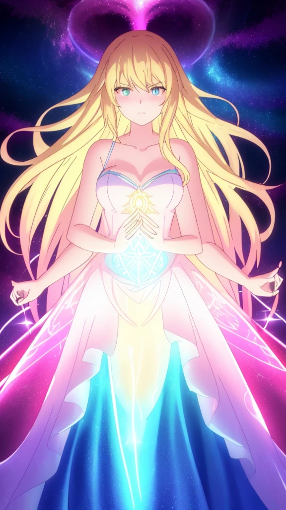 beautiful girl, puffy tiered ballgown, vibrant pastel colors,(20years old,madure female),(angry),closed mouth,white dress,cleavage,sleeveless,((glowing blonde long hair)), magical lights, sparkling magical liquid, inspired by Glen Keane, inspired by Lois van Baarle, disney art style, by Lois van Baarle, glowing aura around her, by Glen Keane, jen bartel, glowing lights! digital painting, flowing glowing hair, glowing flowing hair, beautiful digital illustration, fantasia background, whimsical, magical, fantasy, ((masterpiece, best quality)), intricate details, highly detailed, sharp focus, 8k resolution, sparkling detailed eyes, liquid watercolor,(extra arms)