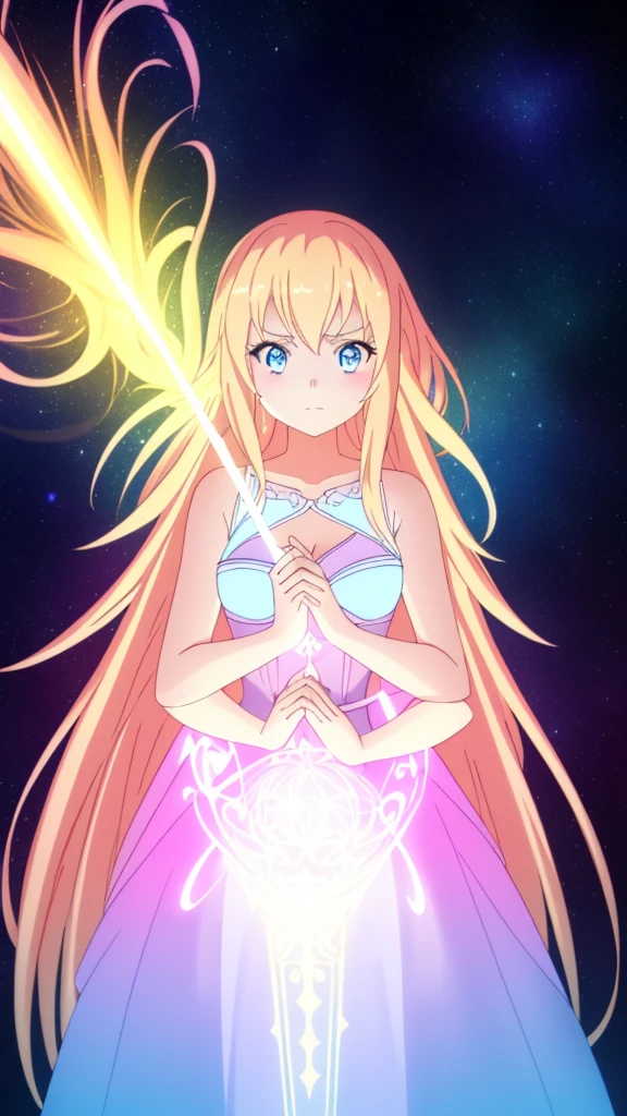 beautiful girl, puffy tiered ballgown, vibrant pastel colors,(20years old,madure female),(angry),closed mouth,white dress,cleavage,sleeveless,((glowing blonde long hair)), magical lights, sparkling magical liquid, inspired by Glen Keane, inspired by Lois van Baarle, disney art style, by Lois van Baarle, glowing aura around her, by Glen Keane, jen bartel, glowing lights! digital painting, flowing glowing hair, glowing flowing hair, beautiful digital illustration, fantasia background, whimsical, magical, fantasy, ((masterpiece, best quality)), intricate details, highly detailed, sharp focus, 8k resolution, sparkling detailed eyes, liquid watercolor,(extra arms)