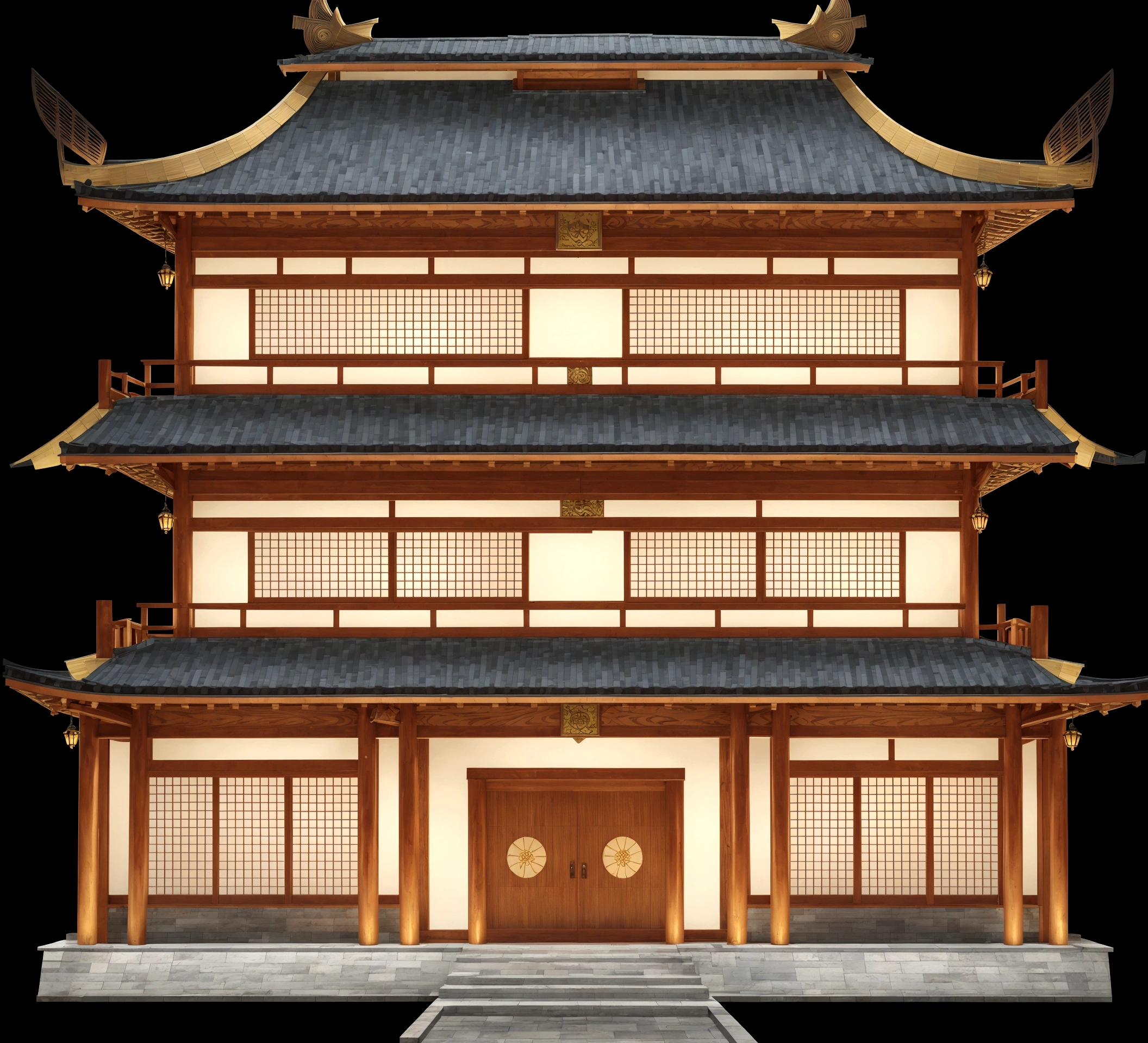 illustration of a traditional chinese building with lanterns and a bird, temple background, zen temple background, background depicting a temple, digital painting of a pagoda, japanese temple, japanese house, korean traditional palace, background art, palace background, chinese building, artwork in the style of z.w. gu, cyberpunk japanese temple, inspired by Shūbun Tenshō