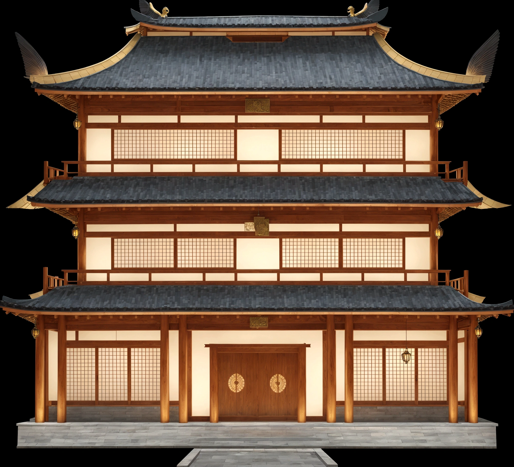 illustration of a traditional chinese building with lanterns and a bird, temple background, zen temple background, background depicting a temple, digital painting of a pagoda, japanese temple, japanese house, korean traditional palace, background art, palace background, chinese building, artwork in the style of z.w. gu, cyberpunk japanese temple, inspired by Shūbun Tenshō
