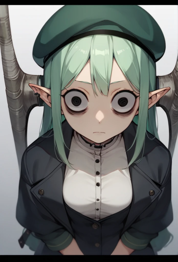 1girl, Green Hair,beret,Hollow Eyes,insanity-angle, letterboxed, holding,Metal bat, 