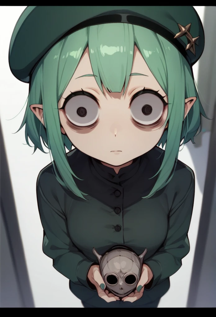 1girl, Green Hair,beret,Hollow Eyes,insanity-angle, letterboxed, holding,Metal bat, 