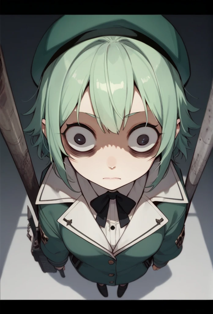 1girl, Green Hair,beret,Hollow Eyes,insanity-angle, letterboxed, holding,Metal bat, 