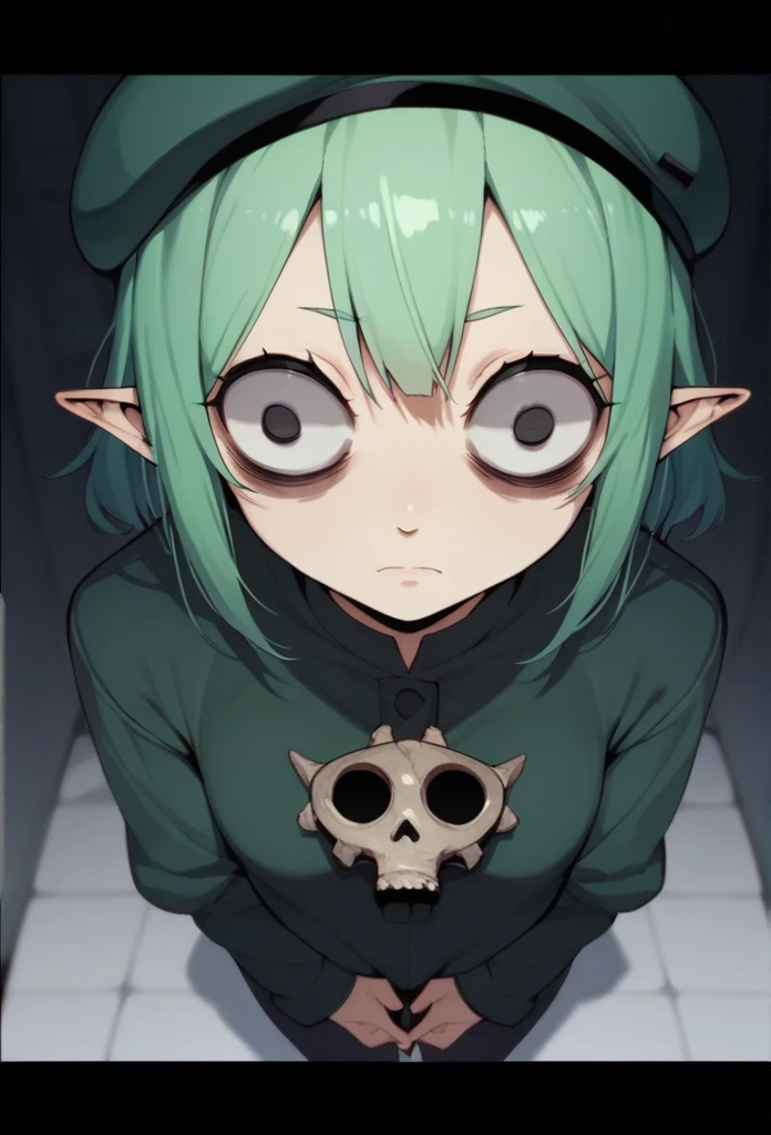 1girl, Green Hair,beret,Hollow Eyes,insanity-angle, letterboxed, holding,Metal bat,