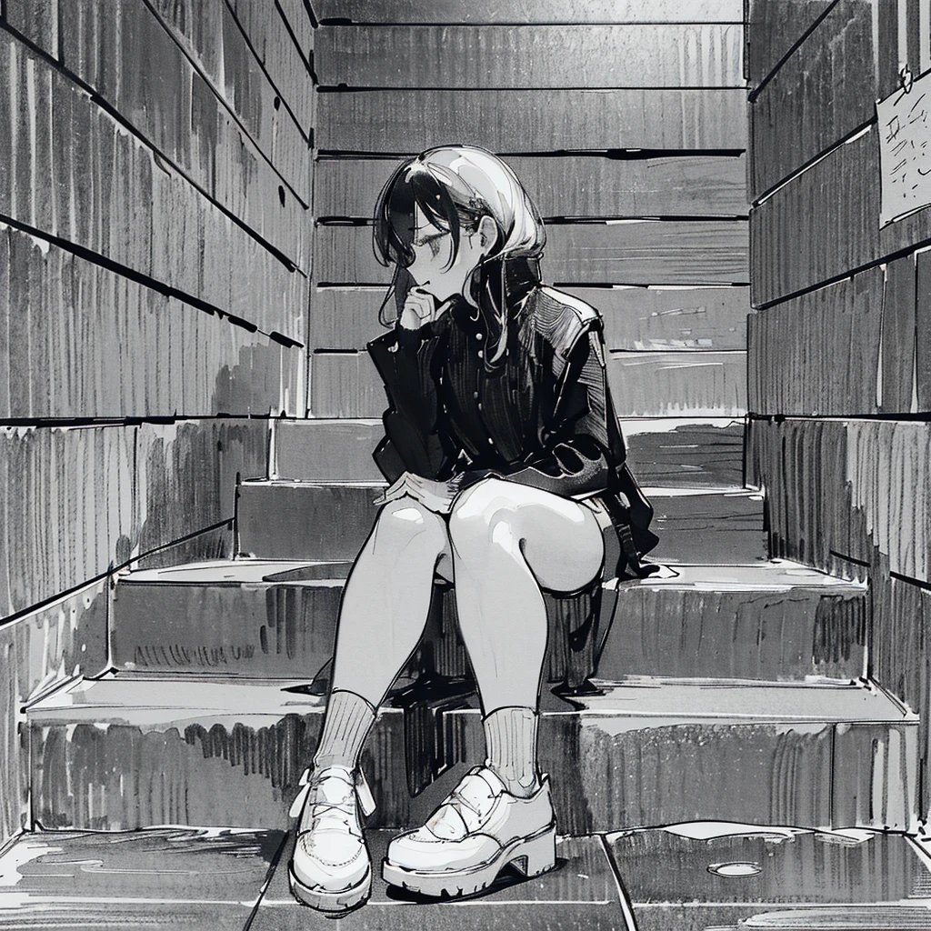 ((monochrome))(Image from chest up:1.4)((masterpiece:1.5,Highest quality,Beautiful images、Sketch、2.5D、Ink Painting、Artistic、Portraiture))(Profile Portrait,Straight ahead、take your eyes away from here、Shake your head、A sad expression, floating hair)(Plain background)from side
