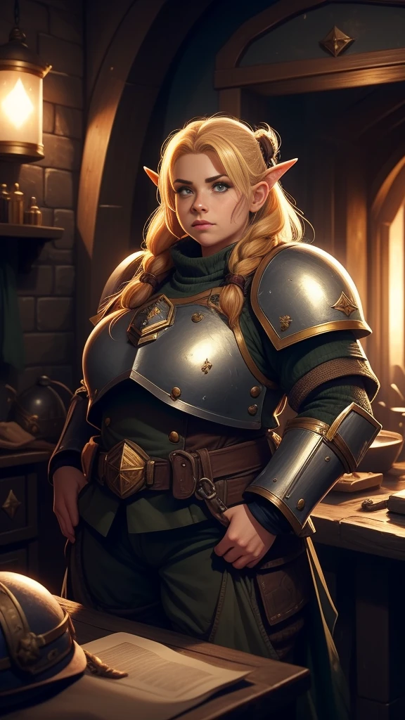 warhammer 40k imperial guardsman, ((female dwarf)). blonde hair, bare hand, hobbit, hafling, pants, chest armor, ((big nose)), large expressive eyes, in a spaceship, chubby face