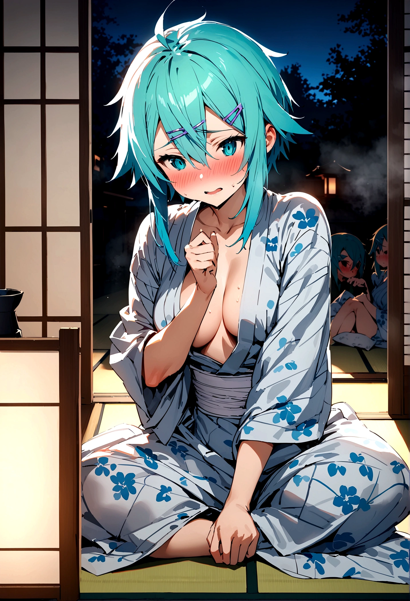 NSFW,masterpiece,Highest quality,High resolution,Super detailed,Sinon\(Sword Art Online\),yukata,Open clothes,hair ornaments, Hair Clip,Embarrassed,expectant face,Absent-minded face,blush,Hollow Eyes,Inn at night,Shoji screen,tatami,futon,Girl sitting,Drunk,Intoxication,sake bottle,Sake cup