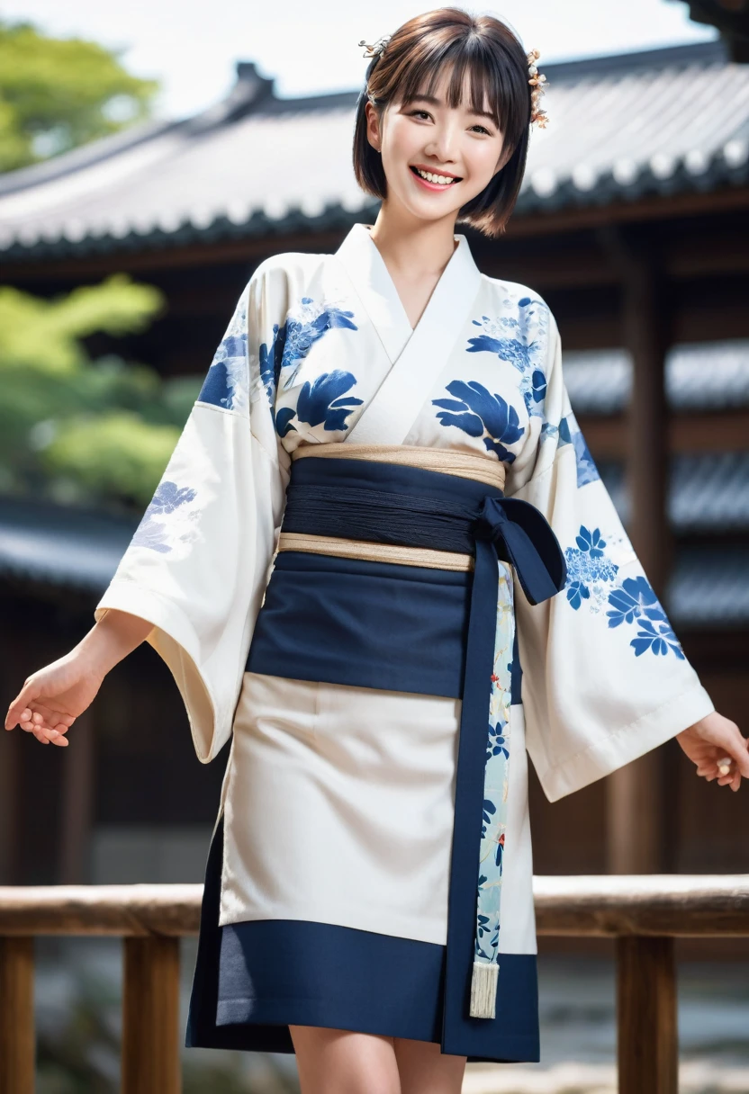 Highest quality, masterpiece, Ultra-high resolution,8K, (Realistic:1.6), (Full body frontal portrait) RAW Photos, 1 Girl,(Full of smiles, Showing teeth)), 22 years old,((Standing with good posture)), Samurai kimono uniform)),((Very short hair with a hair band)),((Looking up at the audience)),Face Focus:1.2