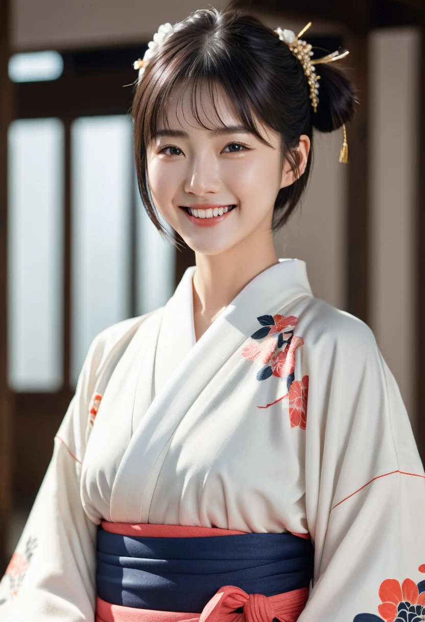 Highest quality, masterpiece, Ultra-high resolution,8K, (Realistic:1.6), (Full body frontal portrait) RAW Photos, 1 Girl,(Full of smiles, Showing teeth)), 22 years old,((Standing with good posture)), Samurai kimono uniform)),((Very short hair with a hair band)),((Looking up at the audience)),Face Focus:1.2