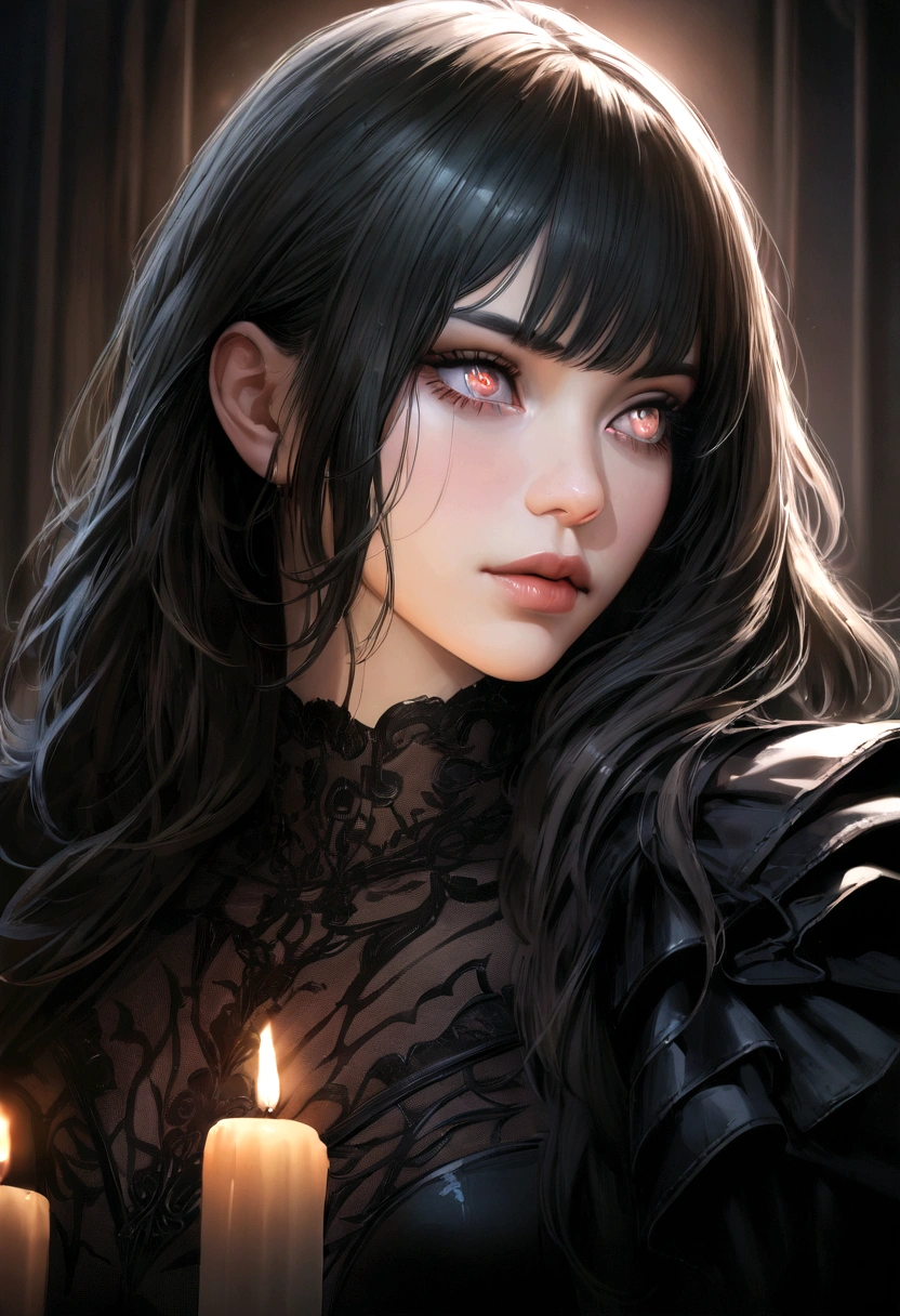(best quality,4k,8k,highres,masterpiece:1.2), ultra-detailed, realistic:1.37, muscular,girl,gothic castle backdrop, soft candlelight, dark style, portrait style,detailed eyes,detailed lips,long eyelashes, intimidating presence, strong physique, mysterious expression, flowing dark hair, dramatic lighting, haunting atmosphere