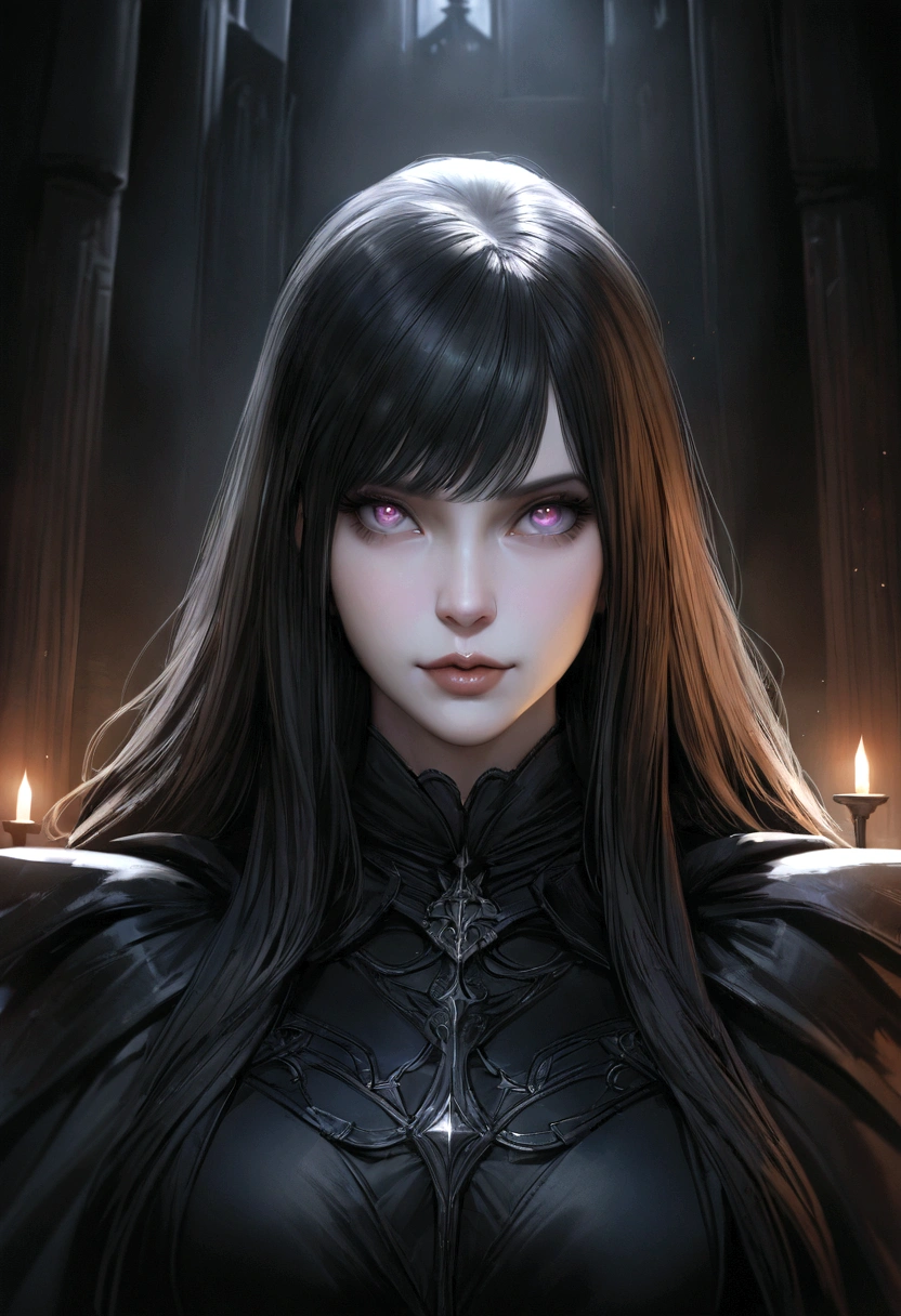 (best quality,4k,8k,highres,masterpiece:1.2), ultra-detailed, realistic:1.37, muscular,girl,gothic castle backdrop, soft candlelight, dark style, portrait style,detailed eyes,detailed lips,long eyelashes, intimidating presence, strong physique, mysterious expression, flowing dark hair, dramatic lighting, haunting atmosphere