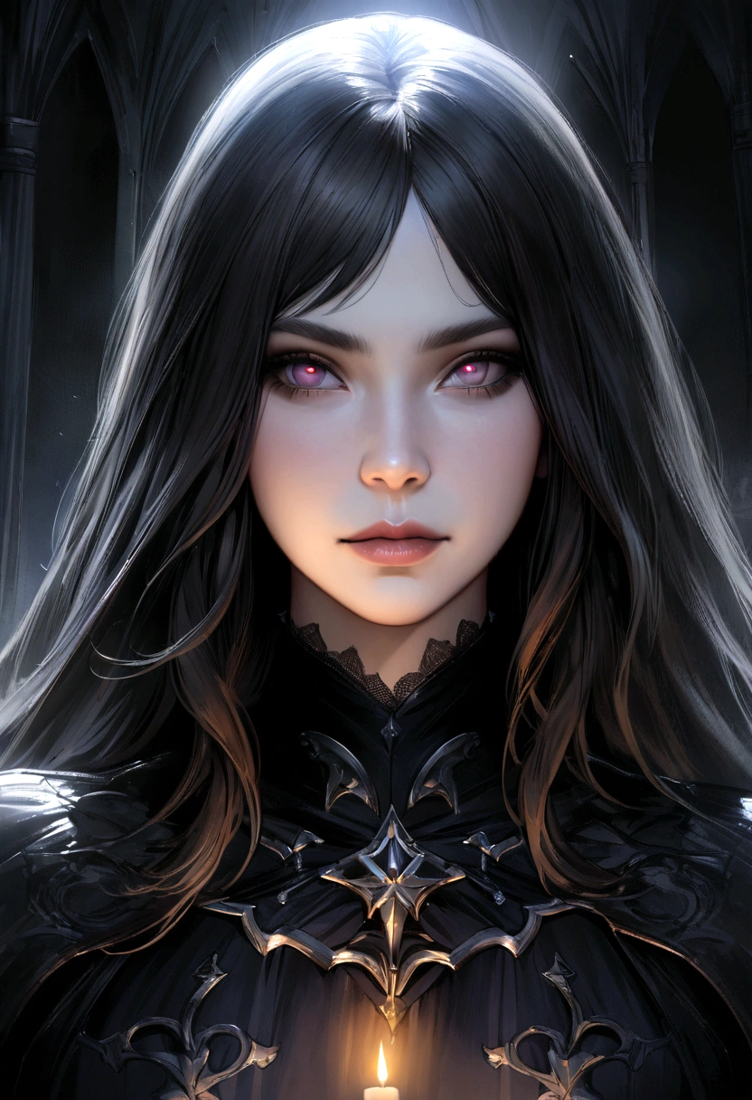 (best quality,4k,8k,highres,masterpiece:1.2), ultra-detailed, realistic:1.37, muscular,girl,gothic castle backdrop, soft candlelight, dark style, portrait style,detailed eyes,detailed lips,long eyelashes, intimidating presence, strong physique, mysterious expression, flowing dark hair, dramatic lighting, haunting atmosphere