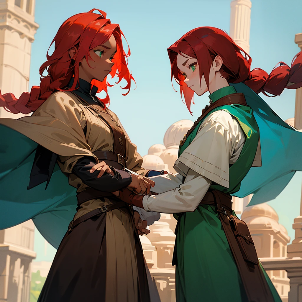 One with red hair tied in a voluminous one-sided braid with brown skin with vitiligo green eyes thin wearing a medieval outfit in shades of blue and brown, without glasses