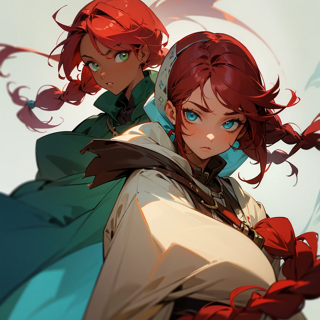 One with red hair tied in a voluminous one-sided braid with brown skin with vitiligo green eyes thin wearing a medieval outfit in shades of blue and brown, without glasses