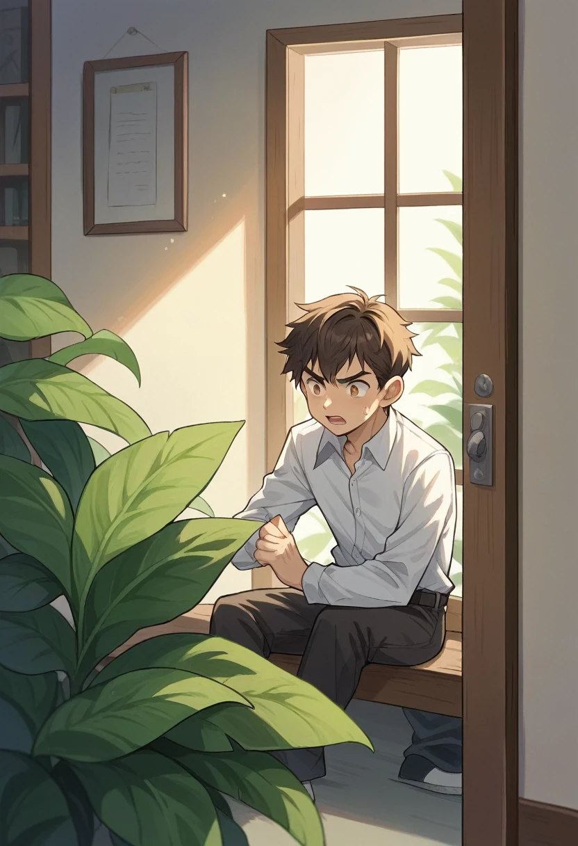 "a young boy, vestidos formalmente, with a hopeful and anxious look, is sitting in a modern, stylish waiting room of a large multinational company. Soft sunlight illuminates the room through large windows, reflecting in lush green plants and sophisticated furniture. No fundo, employees pass by with determined expressions. The boy holds an impeccable resume in his hands, looking towards the interview room door, where a director waits for the final stage of the selection process."