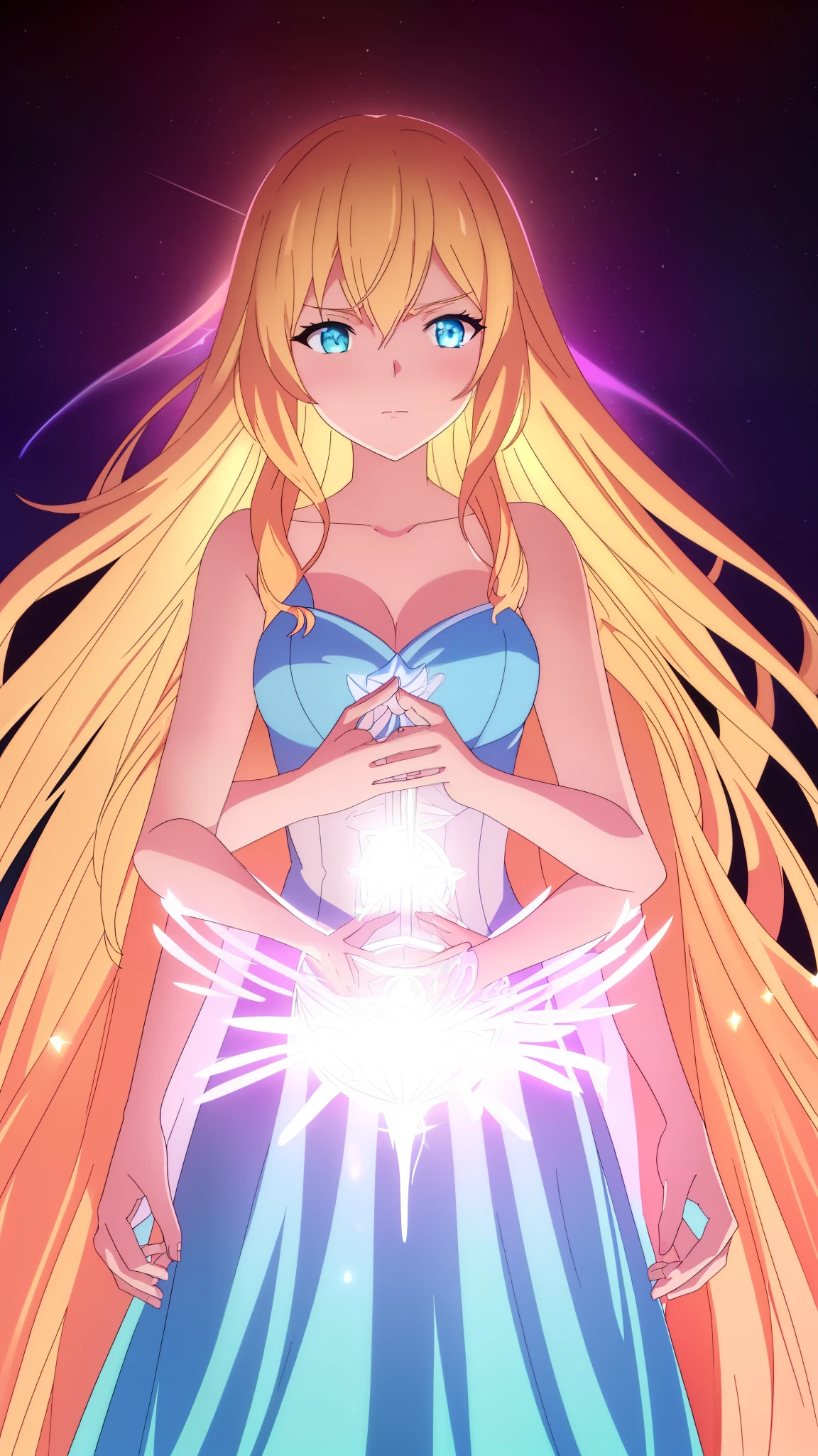 beautiful girl, puffy tiered ballgown, vibrant pastel colors,(20years old,madure female),(angry),closed mouth,white dress,cleavage,sleeveless,((glowing blonde long hair)), magical lights, sparkling magical liquid, inspired by Glen Keane, inspired by Lois van Baarle, disney art style, by Lois van Baarle, glowing aura around her, by Glen Keane, jen bartel, glowing lights! digital painting, flowing glowing hair, glowing flowing hair, beautiful digital illustration, fantasia background, whimsical, magical, fantasy, ((masterpiece, best quality)), intricate details, highly detailed, sharp focus, 8k resolution, sparkling detailed eyes, liquid watercolor,(extra arms)