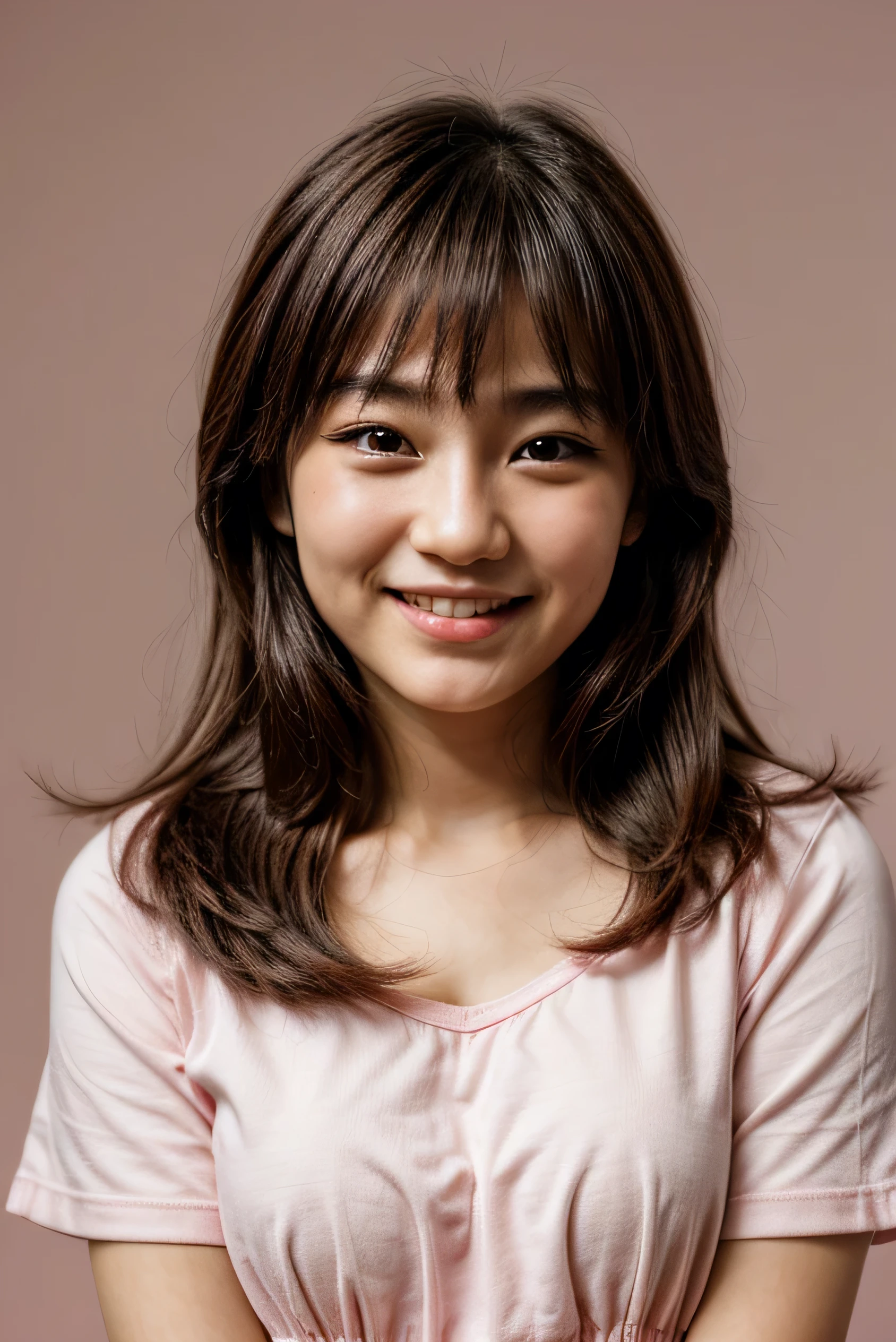 face perfect, beautiful face of a 14 year old Japanese , Smiling beautiful,on pink background 