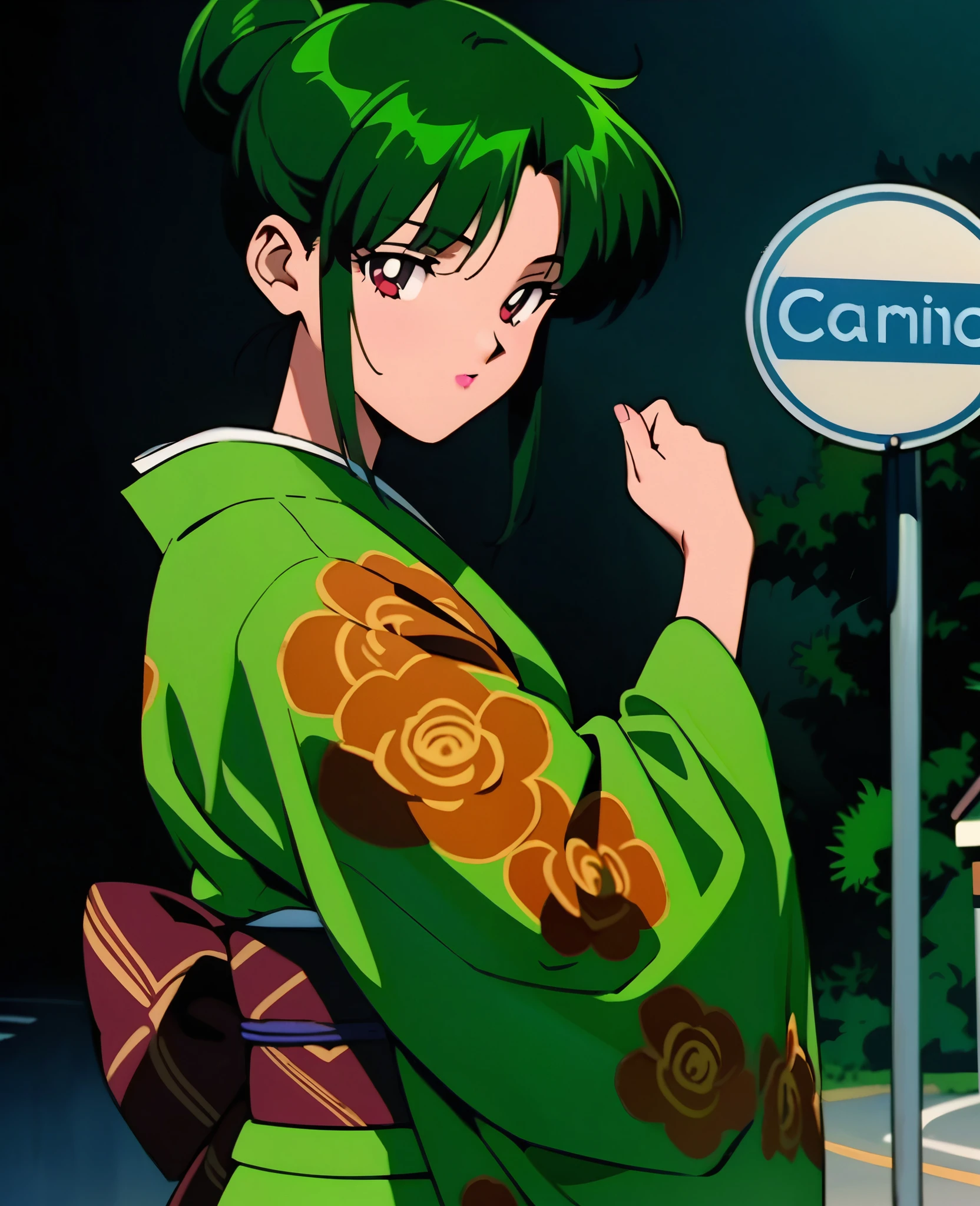 masterpiece,best quality,very aesthetic,ultra detailed,intricate details,1girl,solo,1990s \(style\),carmine eyes,hair bun,single hair bun,long hair,dark green hair,kimono,cowboy shot,road sign,