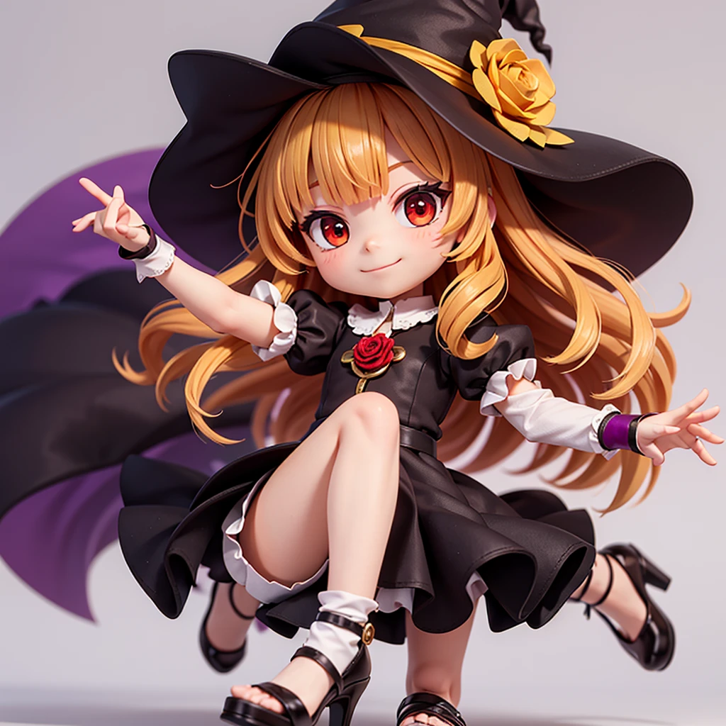 3D, CGI, Anime,  Girl, Witch, short rose red bangs, rose eyepatch covering right eye, dark purple witch hat with red strap and rose, red eyes, dark purple dress, long sleeved, brown leggings, green and red heels, brown and gold fingerless gloves, chibi, closed mouth smile, 1Girl, puffy skirt, lazy eyes, dynamic pose, Marisa, white background