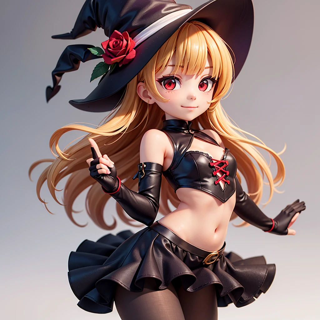 3D, CGI, Anime,  Girl, Witch, short rose red bangs, rose eyepatch covering right eye, dark purple witch hat with red strap and rose, red eyes, dark purple dress, long sleeved, brown leggings, green and red heels, brown and gold fingerless gloves, chibi, closed mouth smile, 1Girl, puffy skirt, lazy eyes, dynamic pose, Marisa, white background