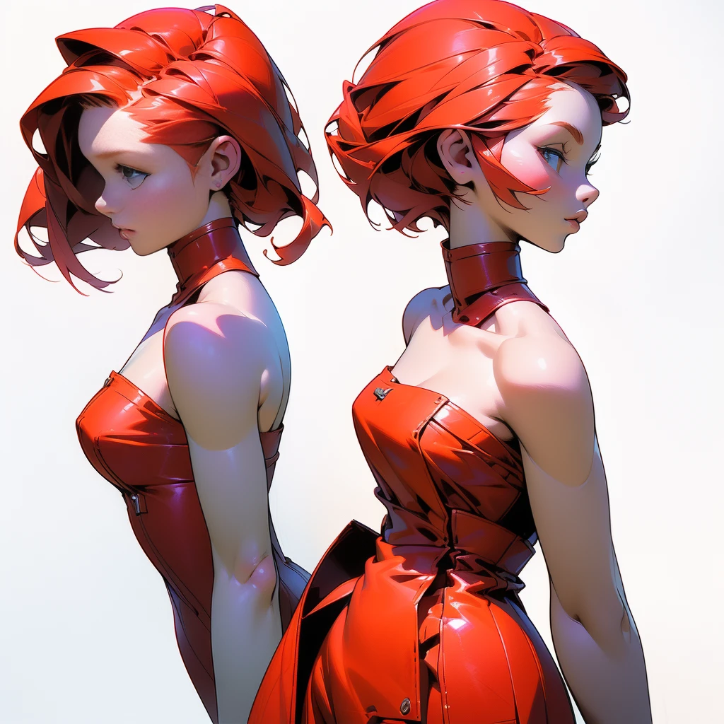 ((Best Quality)), ((Masterpiece)), ((Realistic)) 21 year old, redhead girl, shoulder length hair, relaxed happy face ((slender)) (busty), ((( elegant strapless red bodycon dress ))) (( sexy )) textured pixie haircut (((detailed character sheet, frontal view, side view, three quarter view))) (((white background))) 6 and a half heads full body
