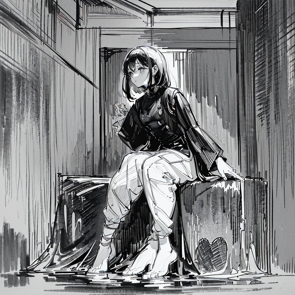 ((monochrome))(Image from chest up:1.4)((masterpiece:1.5,Highest quality,Beautiful images、Sketch、2.5D、Ink Painting、Artistic、Portraiture))(Profile Portrait,Straight ahead、take your eyes away from here、Shake your head、A sad expression, floating hair)(Plain background)from side