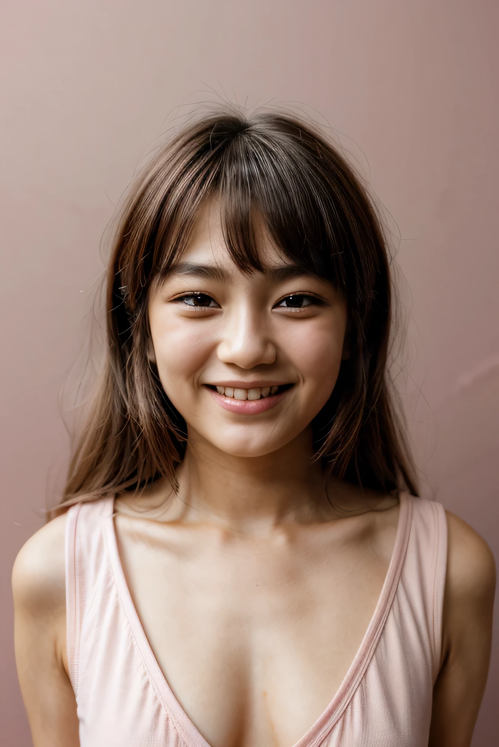 face perfect, beautiful face of a 14 year old Japanese , Smiling beautiful,on pink background