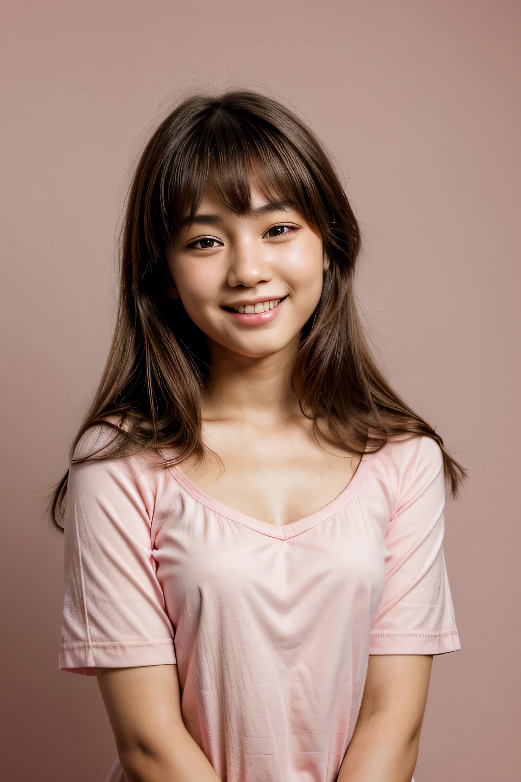 face perfect, beautiful face of a 14 year old Japanese , Smiling beautiful,on pink background