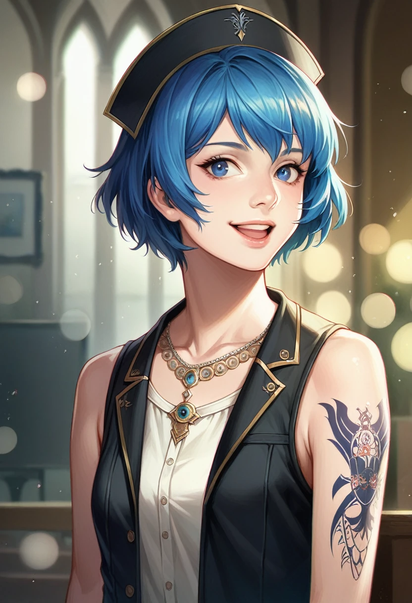 masterpiece, best quality, high quality, Very detailed CG uniform 8k wallpaper, 1 Girl, Solitary, Blue Hair, Tattoo, short hair, have, Jewelry, Smile, necklace, Looking at the audience, have, Practical, open mouth, teeth, Upper Body, Vest, nose, Bare shoulders, Artist Name, Black headdress, clavicle, arm Tattoo, blue eyes, Lips, Vague, painting, Award-winning photography, Bokeh, Depth of Field, Human Development Report, bloom, Chromatic Aberration, realism, Very detailed, artstation Intricacy, High Detail, dramatic, midjourney&#39;s Artwork，gentle