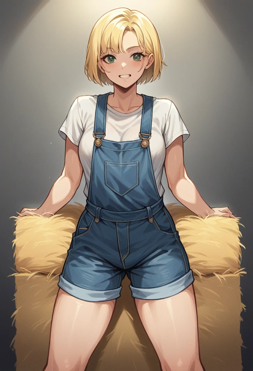 raw photo, (1 American girl), 25 years old, bob hairstyle, blonde hair, slim body, fitness figure,, in overalls, (black overalls), in an old workshop, dim light, topless without t shirt  big  slim shape walk  carry hay bale