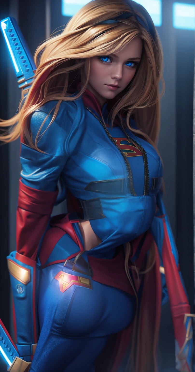 Supergirl, in a hoodie, shining blue eyes, Beautiful woman