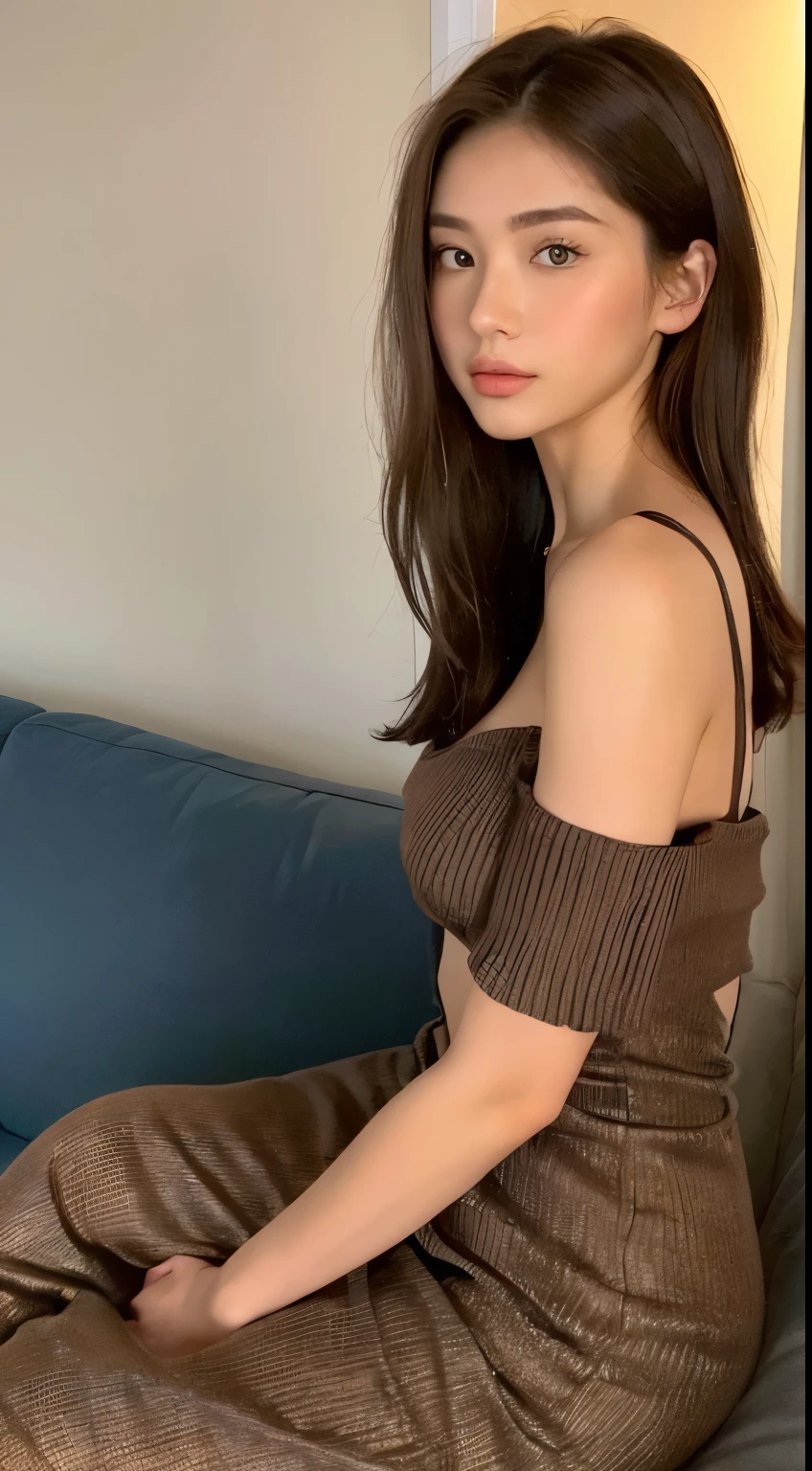 ((Night view, Realistic Light, Highest quality, 8K, masterpiece: 1.3)), One girl, Beautiful half Russian, Mixed race Japanese woman, Introducing both Eastern European and Asian characteristics, Back view Beautiful woman with slim figure: 1.4, (Brown Hair, Medium chest: 1.3), Off-the-shoulder cut top: 1.3, sofa,