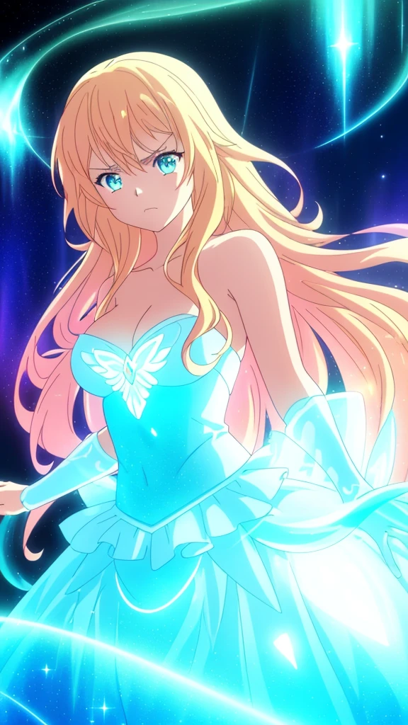 beautiful girl, puffy tiered ballgown, vibrant pastel colors,(20years old,madure female),(angry),closed mouth,white dress,cleavage,sleeveless,((glowing blonde long hair)), magical lights, sparkling magical liquid, inspired by Glen Keane, inspired by Lois van Baarle, disney art style, by Lois van Baarle, glowing aura around her, by Glen Keane, jen bartel, glowing lights! digital painting, flowing glowing hair, glowing flowing hair, beautiful digital illustration, fantasia background, whimsical, magical, fantasy, ((masterpiece, best quality)), intricate details, highly detailed, sharp focus, 8k resolution, sparkling detailed eyes, liquid watercolor,
