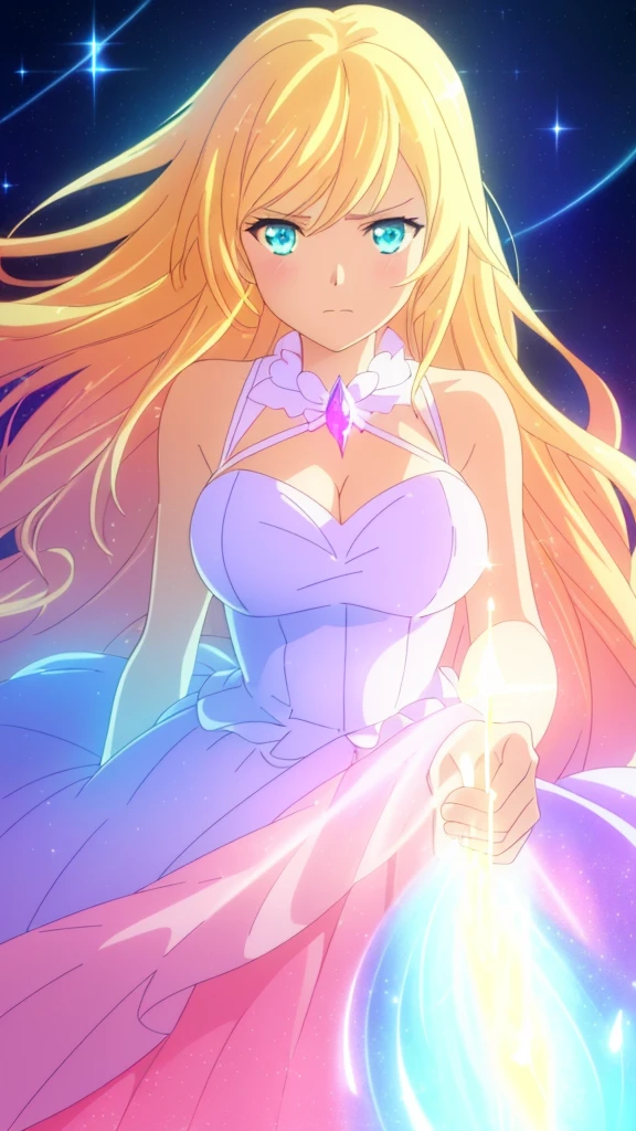 beautiful girl, puffy tiered ballgown, vibrant pastel colors,(20years old,madure female),(angry),closed mouth,white dress,cleavage,sleeveless,((glowing blonde long hair)), magical lights, sparkling magical liquid, inspired by Glen Keane, inspired by Lois van Baarle, disney art style, by Lois van Baarle, glowing aura around her, by Glen Keane, jen bartel, glowing lights! digital painting, flowing glowing hair, glowing flowing hair, beautiful digital illustration, fantasia background, whimsical, magical, fantasy, ((masterpiece, best quality)), intricate details, highly detailed, sharp focus, 8k resolution, sparkling detailed eyes, liquid watercolor,